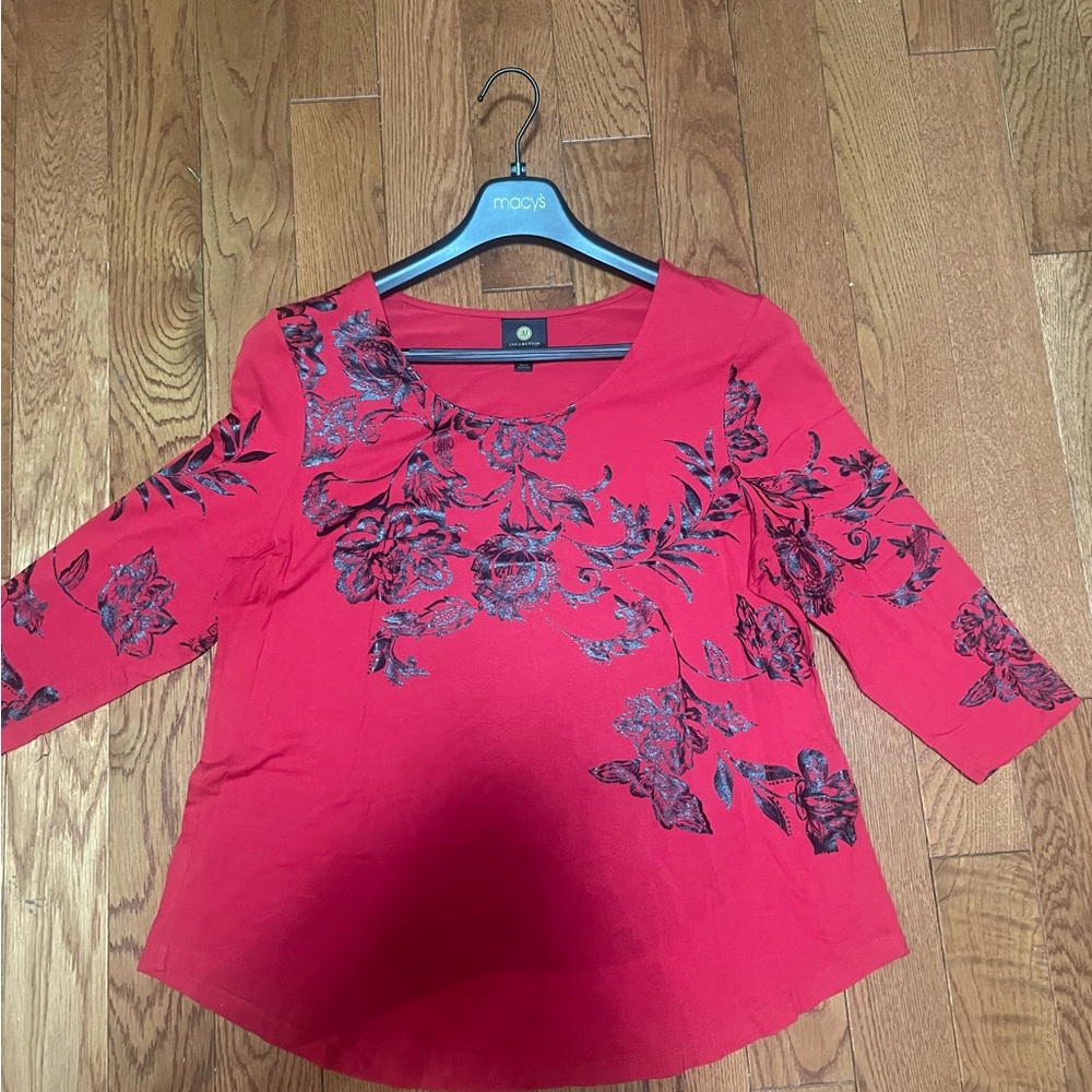 JM Collection Red Floral Boatneck Tunic with Metallic Accents
